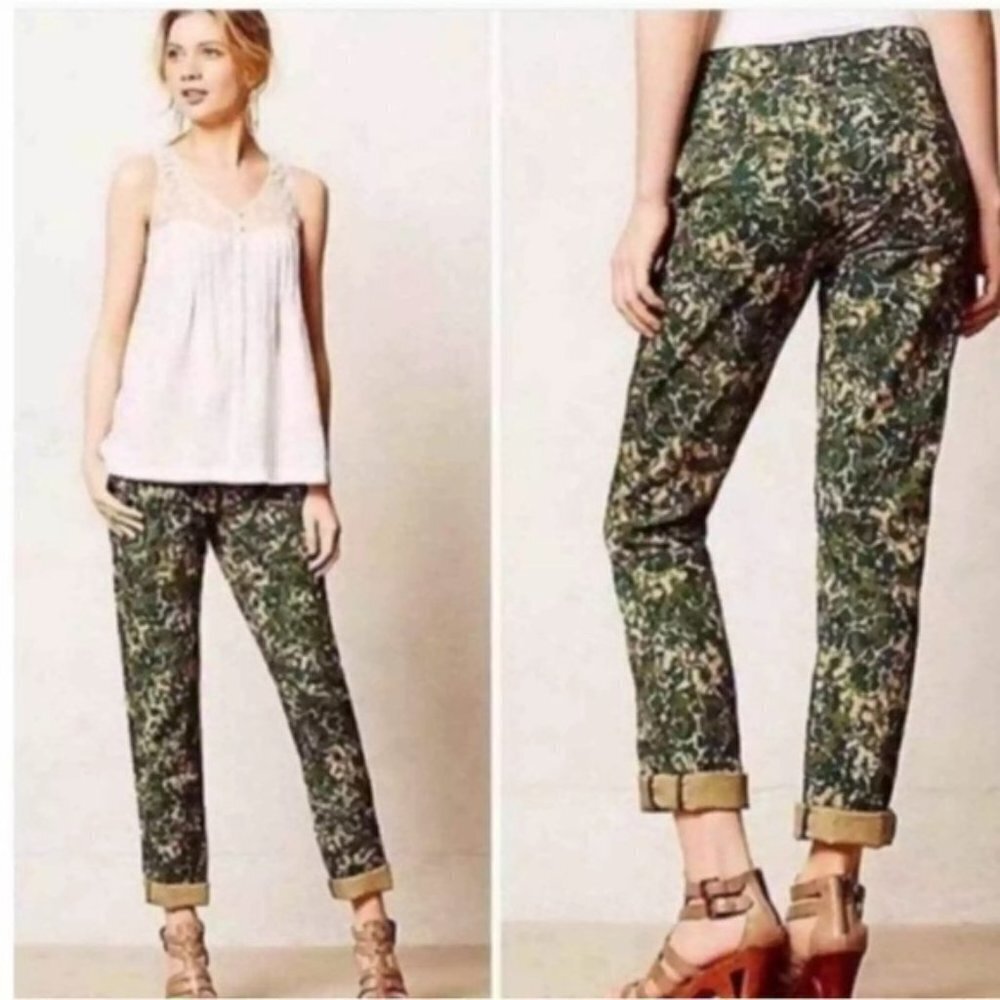 ✅ Anthropologie HEI HEI Sylvan Moto Roll Up Green Floral Cargo Pants‎ Size 25